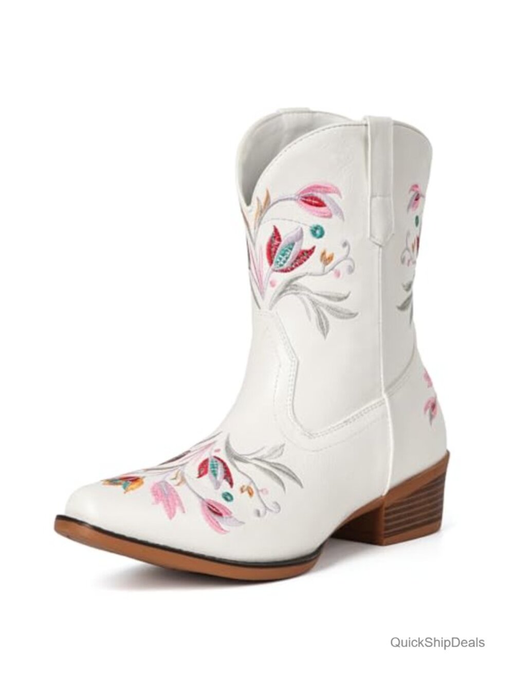 Western Flower Embroidered Ankle Boots Faux Leather Snip Toe